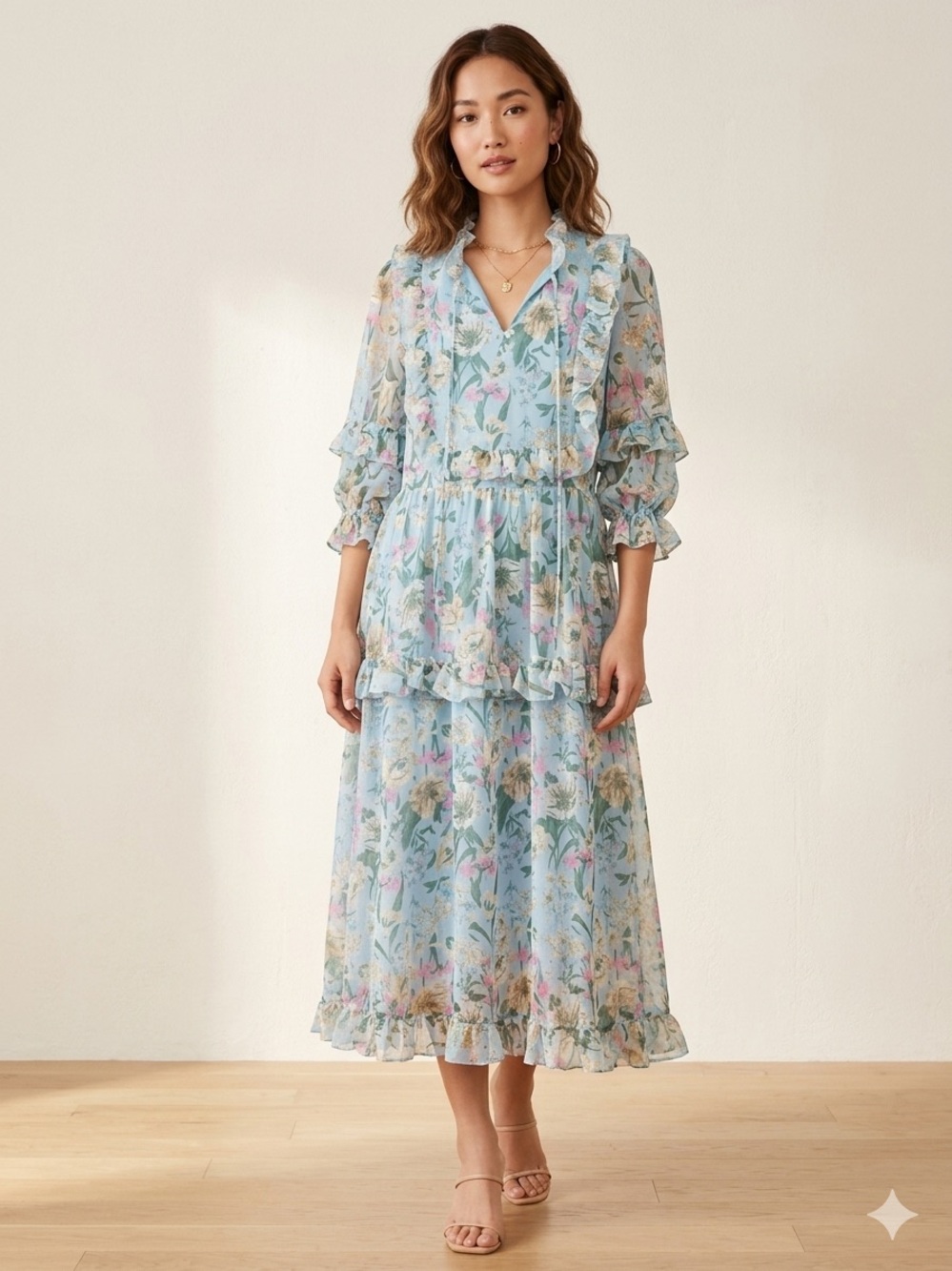 Women's Light Blue Floral Ruffle Midi Dress